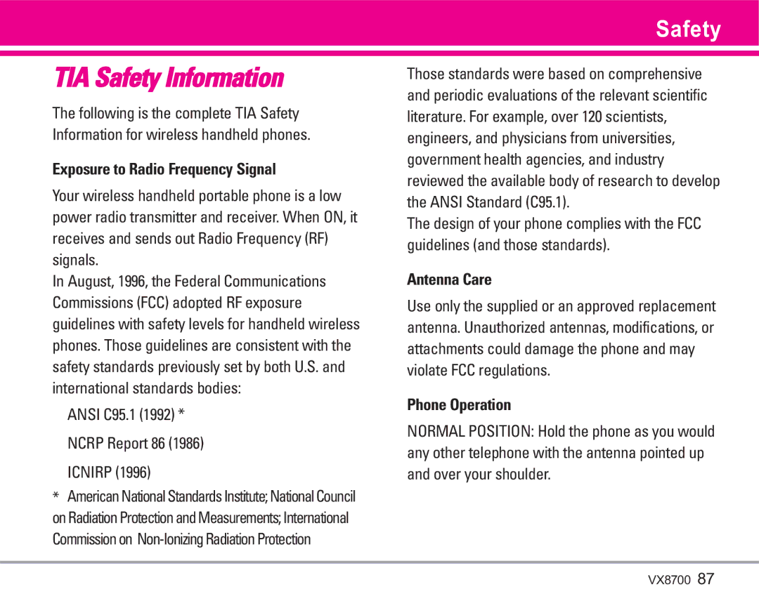 LG Electronics VX8700 manual Safety, Exposure to Radio Frequency Signal, Ansi C95.1 Ncrp Report 86 Icnirp, Antenna Care 