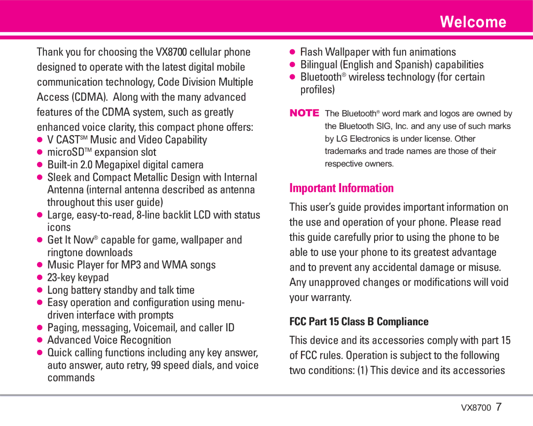 LG Electronics VX8700 manual Welcome, Important Information, FCC Part 15 Class B Compliance 