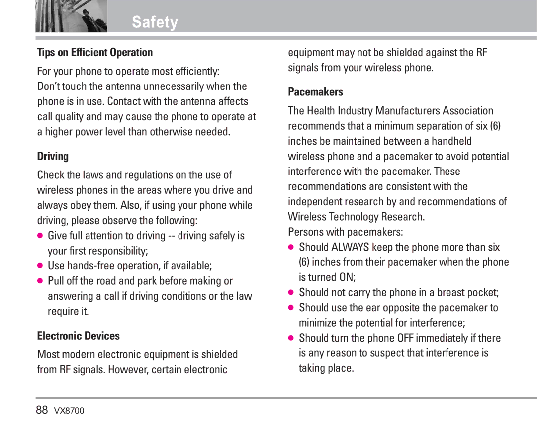 LG Electronics VX8700 manual Tips on Efficient Operation, Driving, Electronic Devices, Pacemakers, Persons with pacemakers 