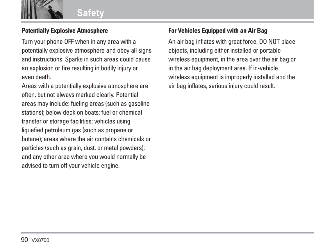 LG Electronics VX8700 manual Potentially Explosive Atmosphere, For Vehicles Equipped with an Air Bag 