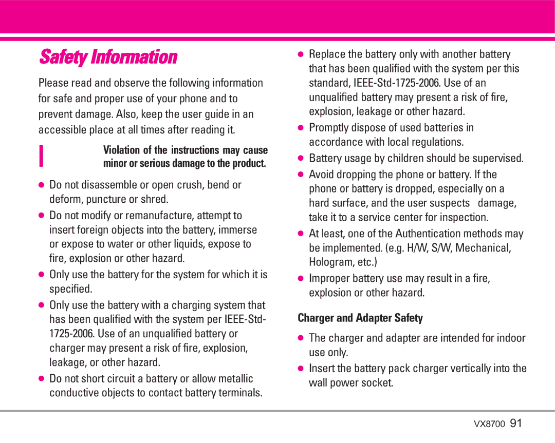 LG Electronics VX8700 manual Safety Information, Charger and Adapter Safety 