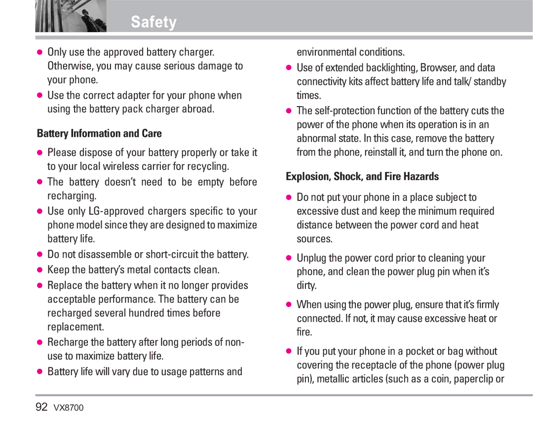 LG Electronics VX8700 manual Battery Information and Care, Explosion, Shock, and Fire Hazards 