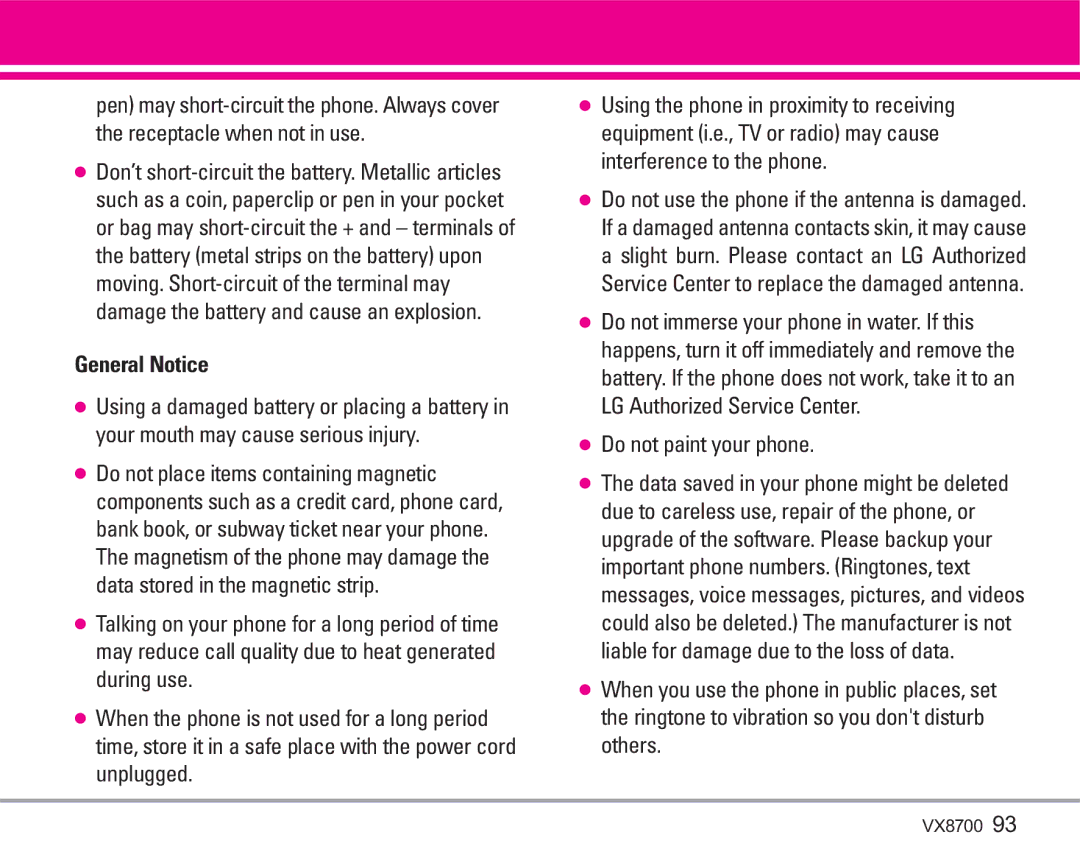 LG Electronics VX8700 manual General Notice, Do not paint your phone 