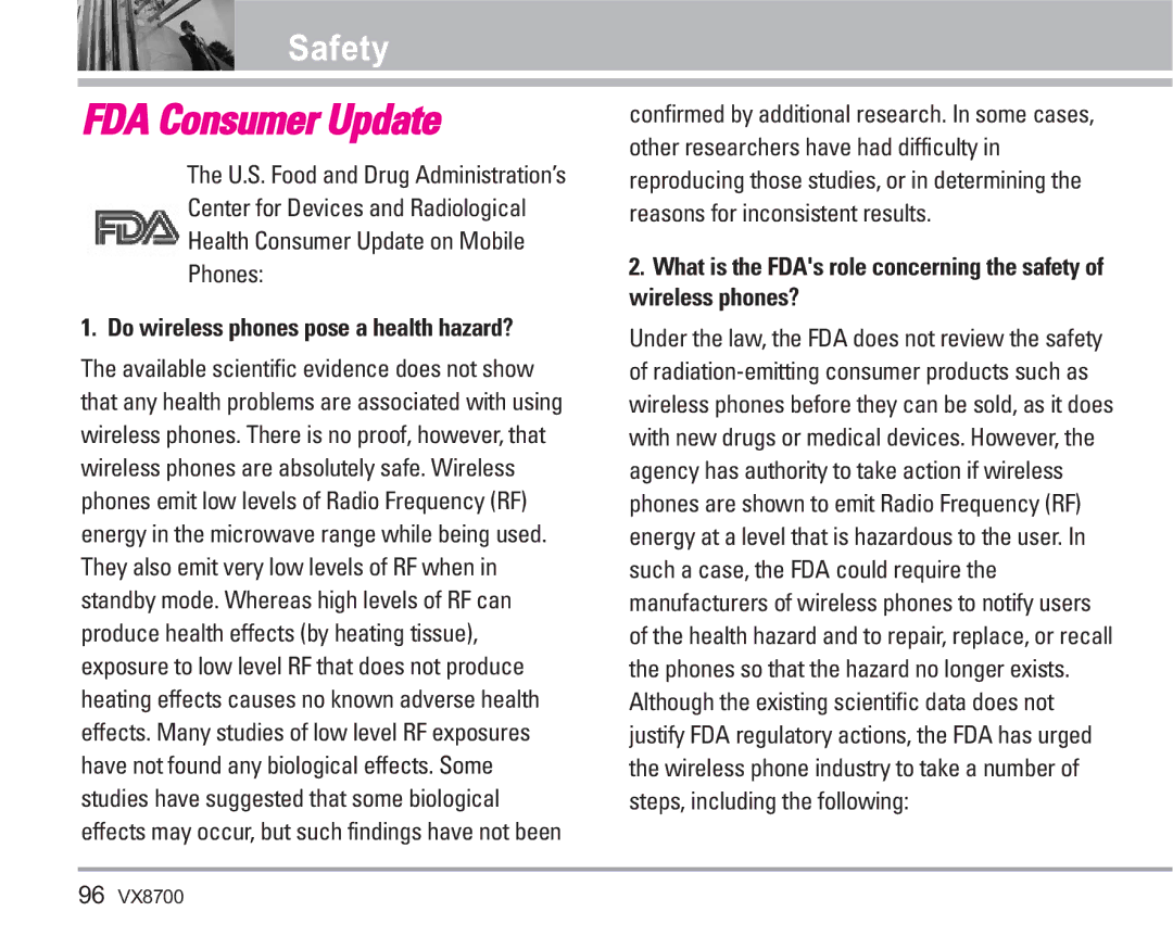 LG Electronics VX8700 manual FDA Consumer Update, Do wireless phones pose a health hazard? 