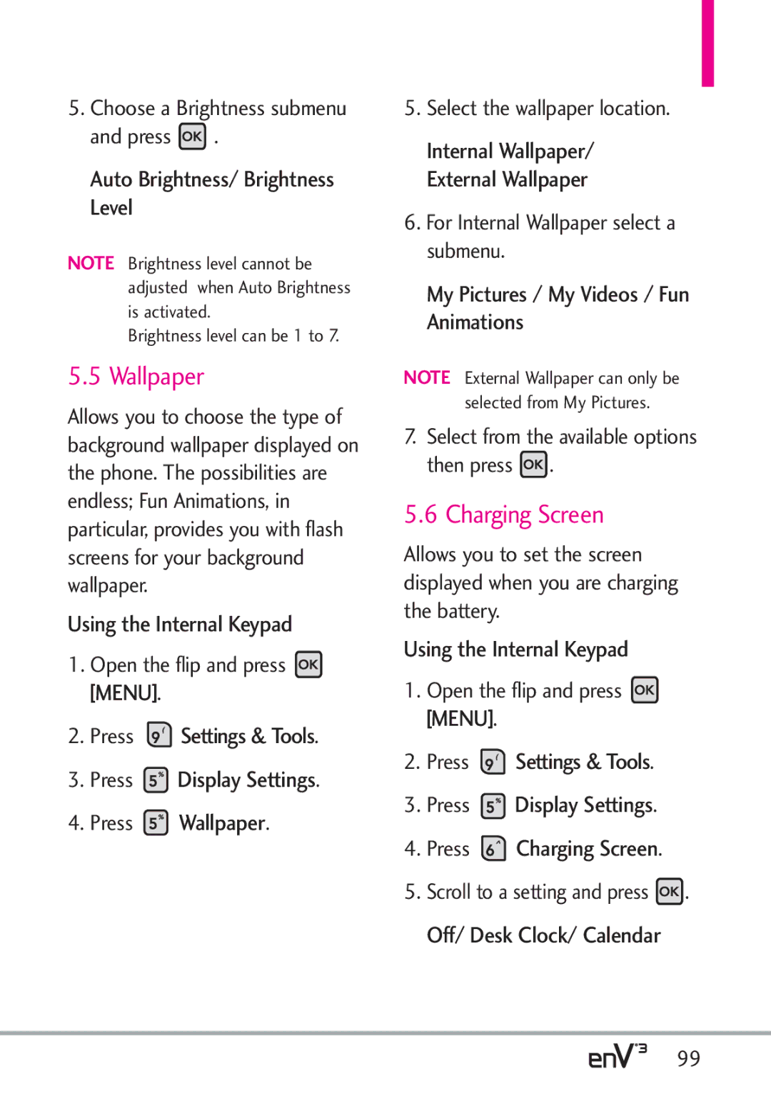 LG Electronics enV3, VX9200Maroon manual Wallpaper, Charging Screen, Auto Brightness/ Brightness Level 