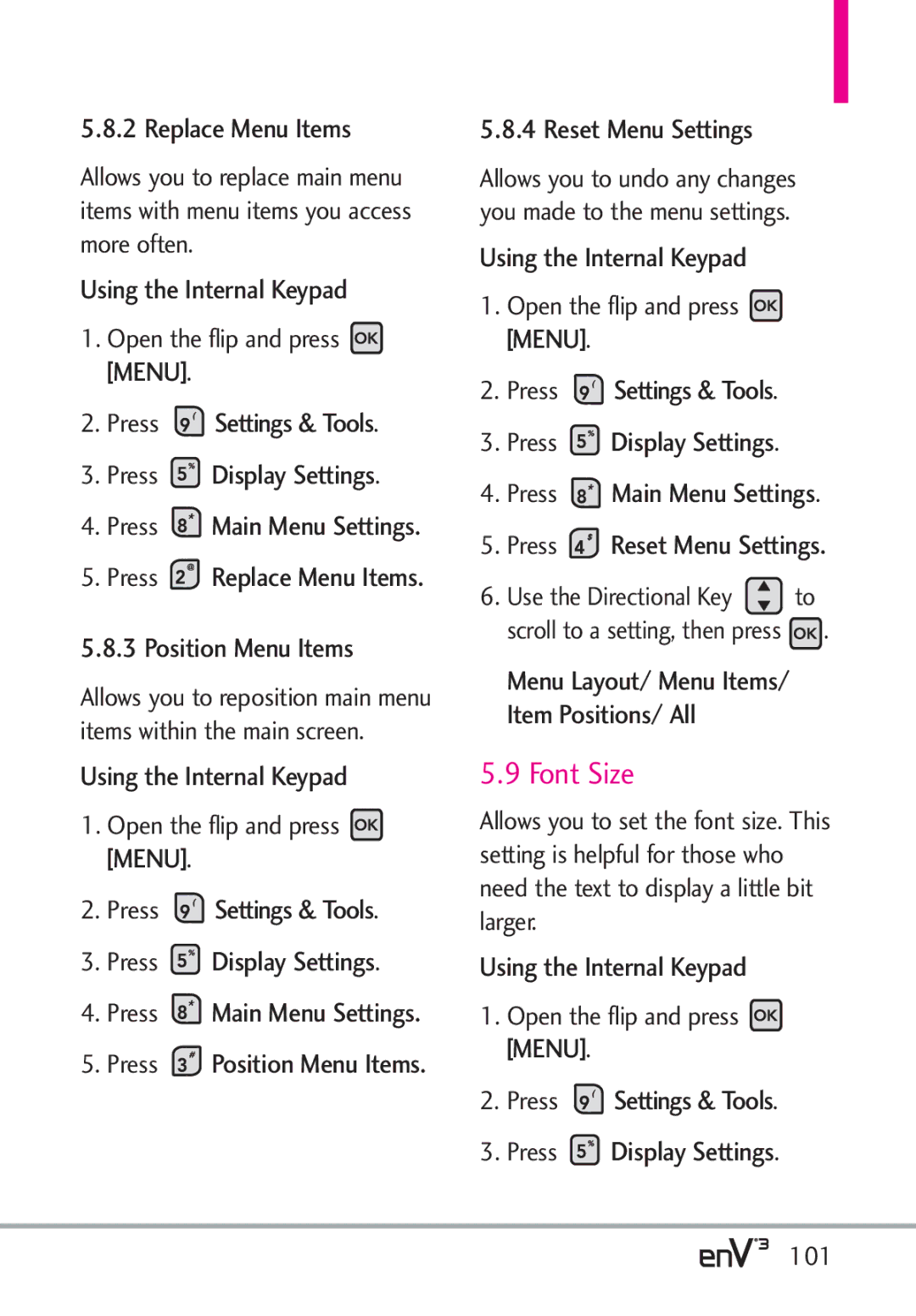 LG Electronics enV3, VX9200Maroon manual Font Size, Replace Menu Items, Position Menu Items, Reset Menu Settings 