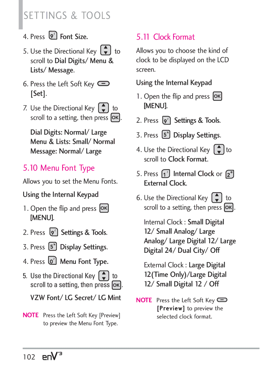 LG Electronics VX9200Maroon, enV3 Menu Font Type, Clock Format, Press Font Size, Press Internal Clock or External Clock 