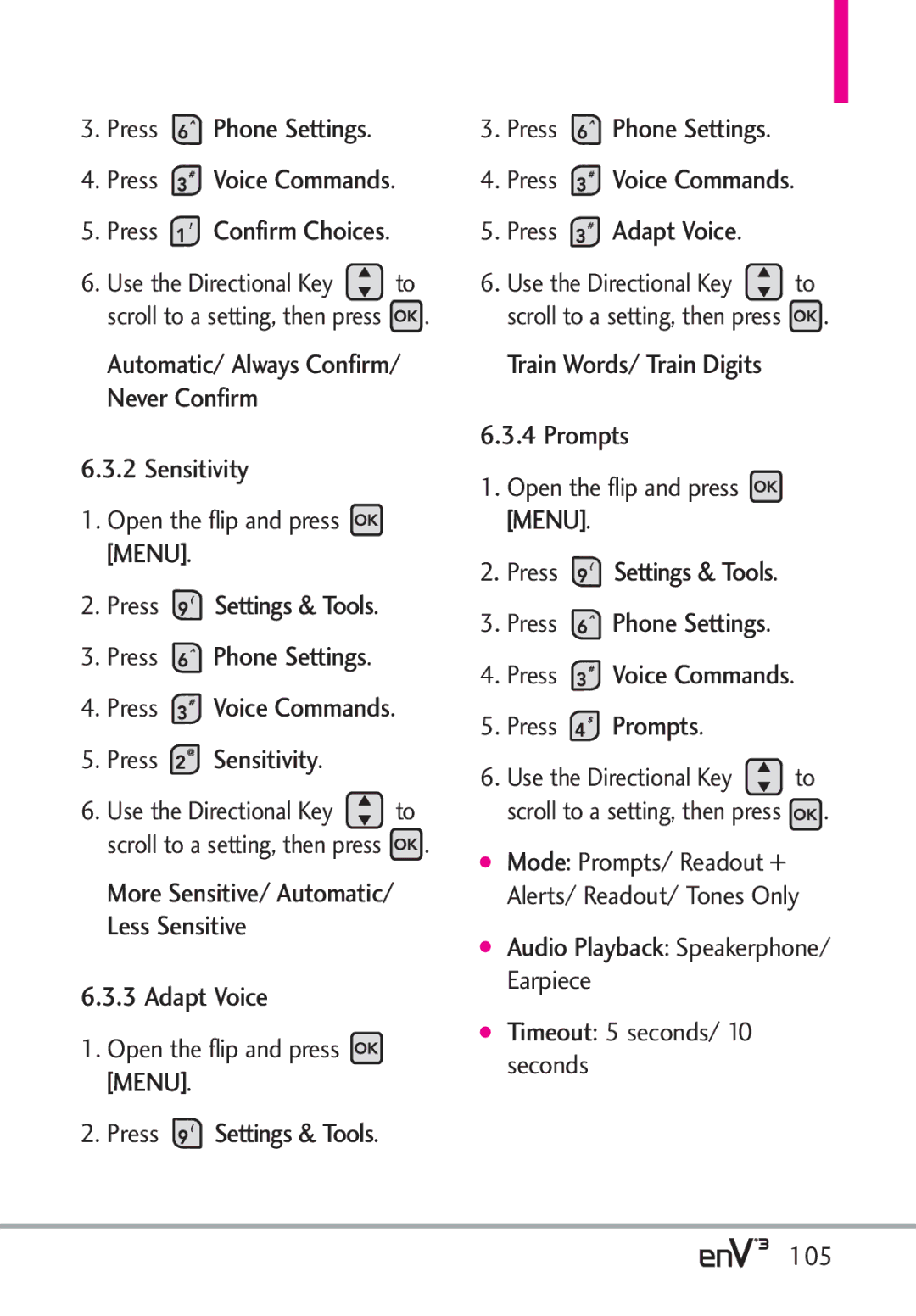 LG Electronics enV3 Sensitivity, Adapt Voice, Train Words/ Train Digits Prompts, Automatic/ Always Confirm/ Never Confirm 