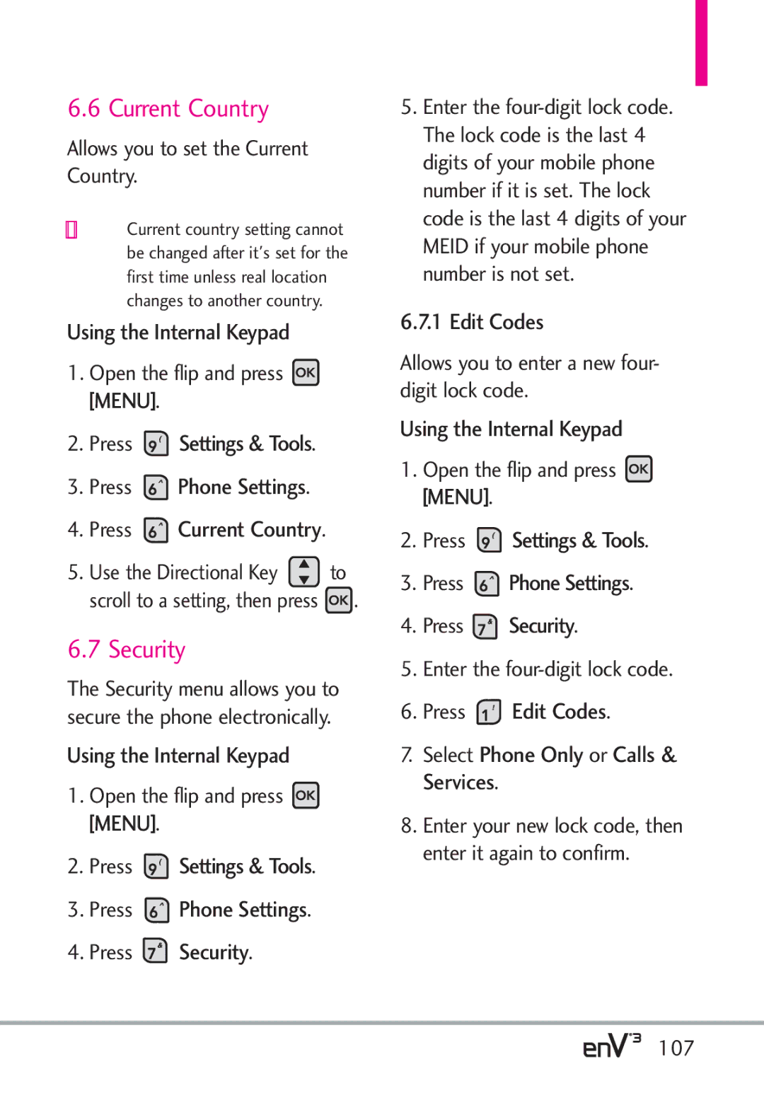 LG Electronics enV3 manual Current Country, Press Settings & Tools Press Phone Settings Press Security, Edit Codes 