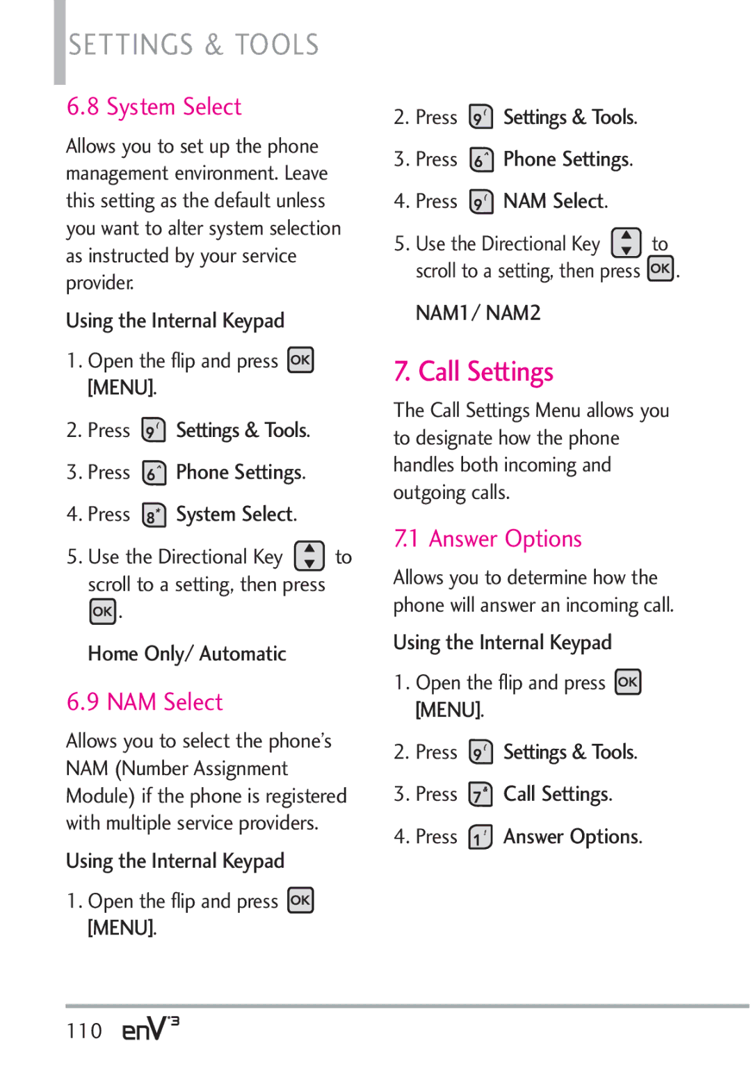 LG Electronics VX9200Maroon, enV3 manual Call Settings, System Select, NAM Select, Answer Options, Home Only/ Automatic 