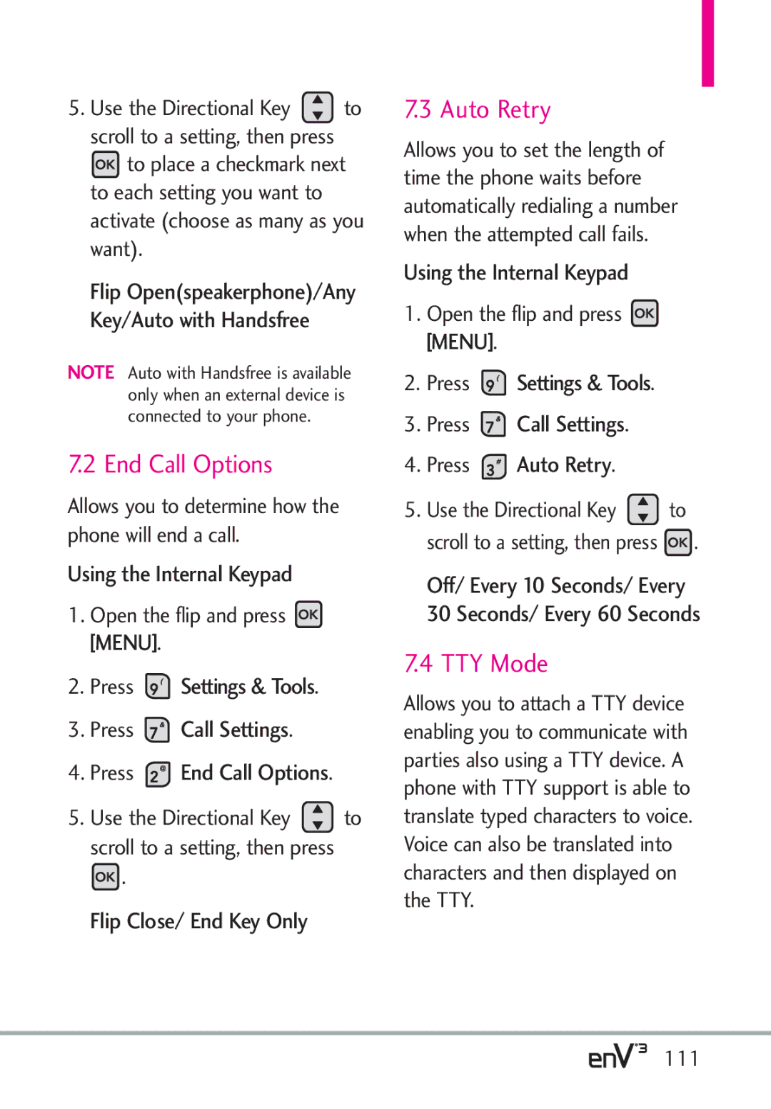 LG Electronics enV3, VX9200Maroon manual End Call Options, Auto Retry, TTY Mode, Flip Close/ End Key Only 