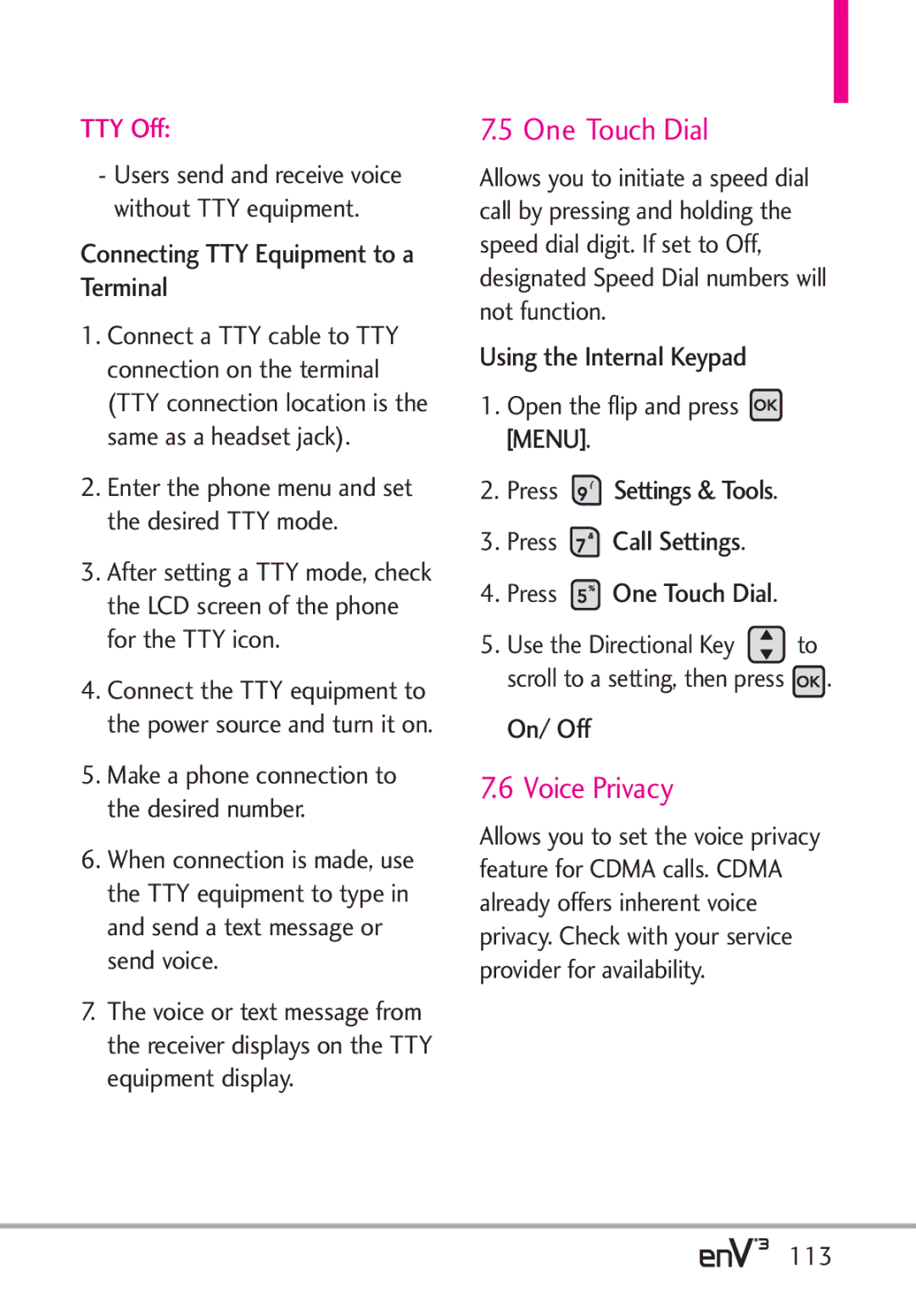 LG Electronics enV3, VX9200Maroon manual One Touch Dial, Voice Privacy, Connecting TTY Equipment to a Terminal, 113 
