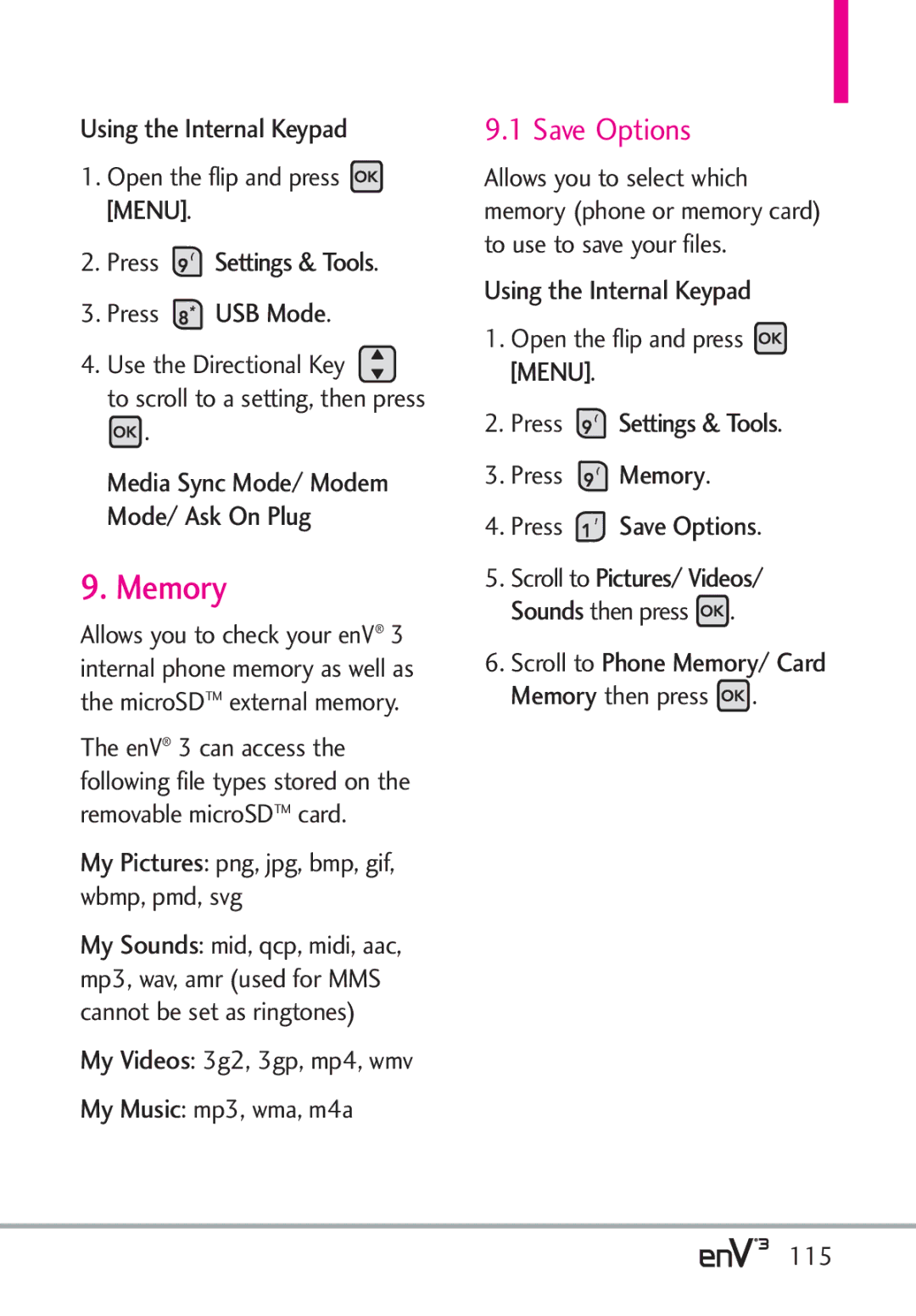 LG Electronics enV3, VX9200Maroon manual Memory, Press Settings & Tools Press USB Mode, Press Save Options 