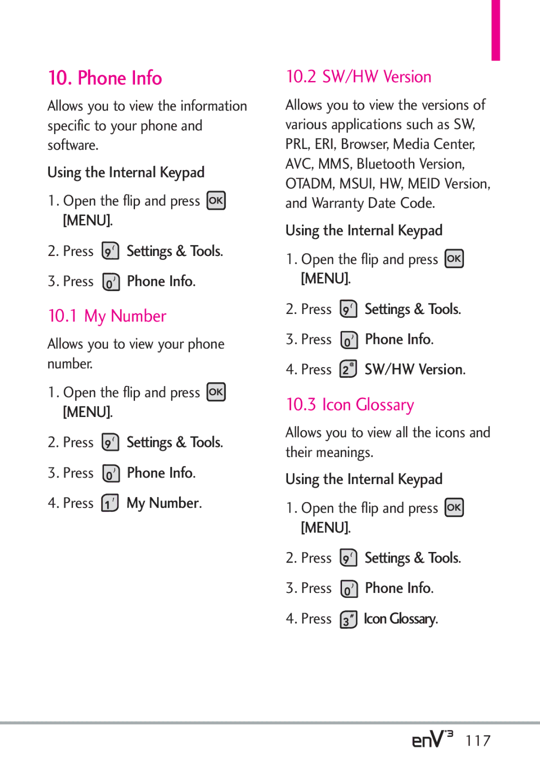 LG Electronics enV3, VX9200Maroon manual Phone Info, My Number, 10.2 SW/HW Version, Icon Glossary 