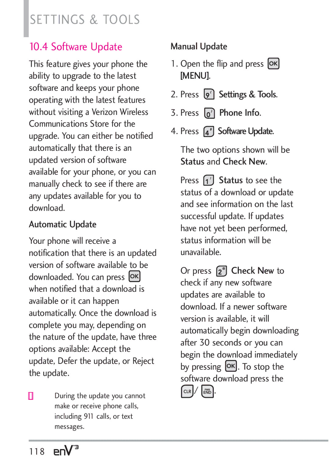 LG Electronics VX9200Maroon, enV3 manual Software Update, Automatic Update, Manual Update, 118 
