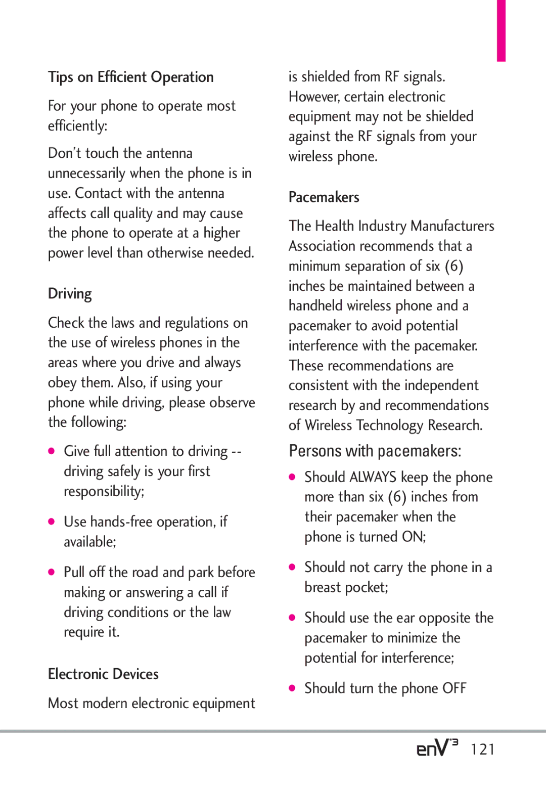 LG Electronics enV3 manual Tips on Efficient Operation, Driving, Electronic Devices, Pacemakers, Persons with pacemakers 