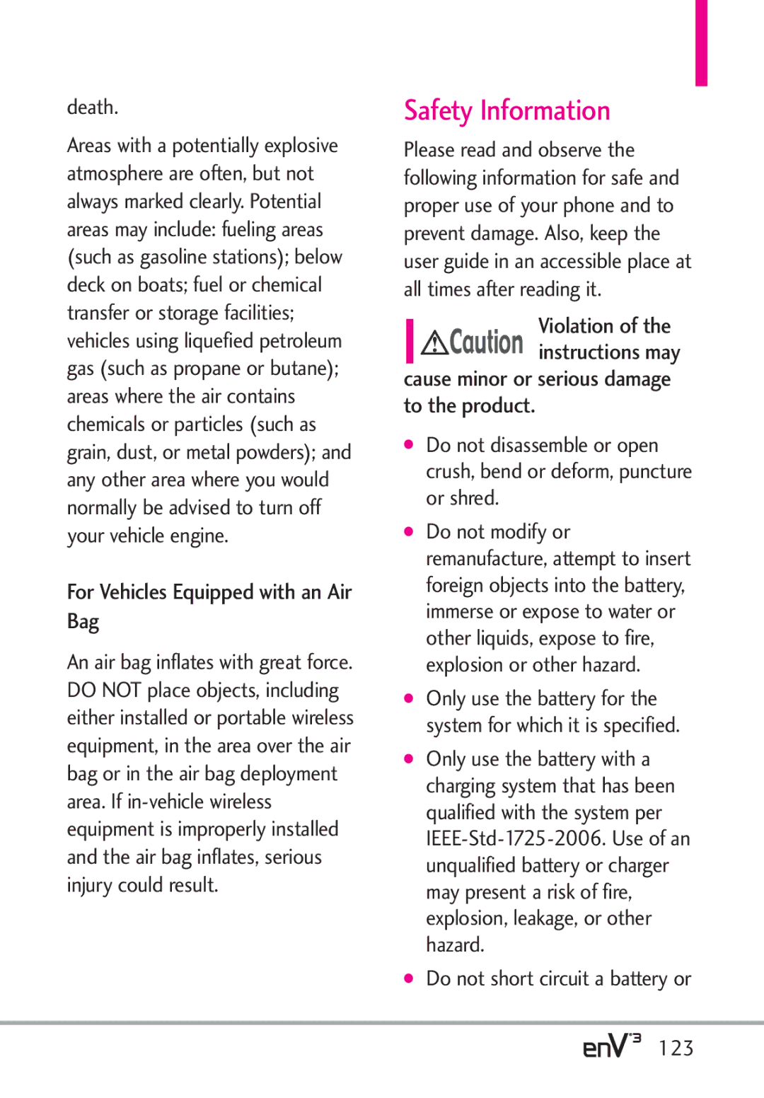 LG Electronics enV3, VX9200Maroon manual Safety Information, For Vehicles Equipped with an Air Bag, Death 