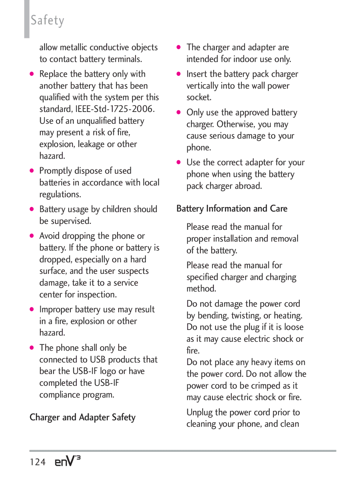 LG Electronics VX9200Maroon, enV3 manual Charger and Adapter Safety, Battery Information and Care, 124 