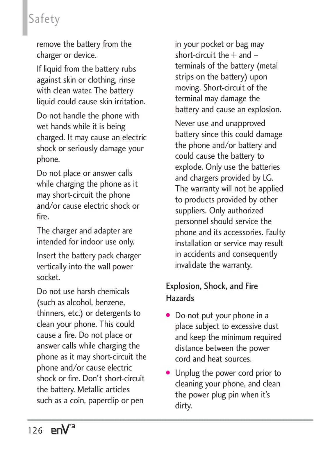 LG Electronics VX9200Maroon, enV3 Explosion, Shock, and Fire Hazards, Remove the battery from the charger or device, 126 