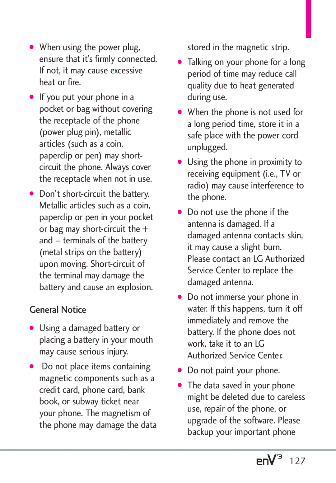 LG Electronics enV3, VX9200Maroon manual General Notice, Do not paint your phone, 127 