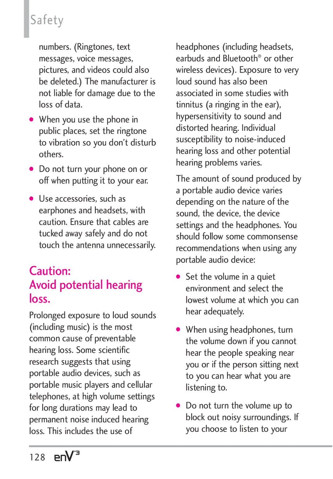 LG Electronics VX9200Maroon, enV3 manual Avoid potential hearing loss, 128 