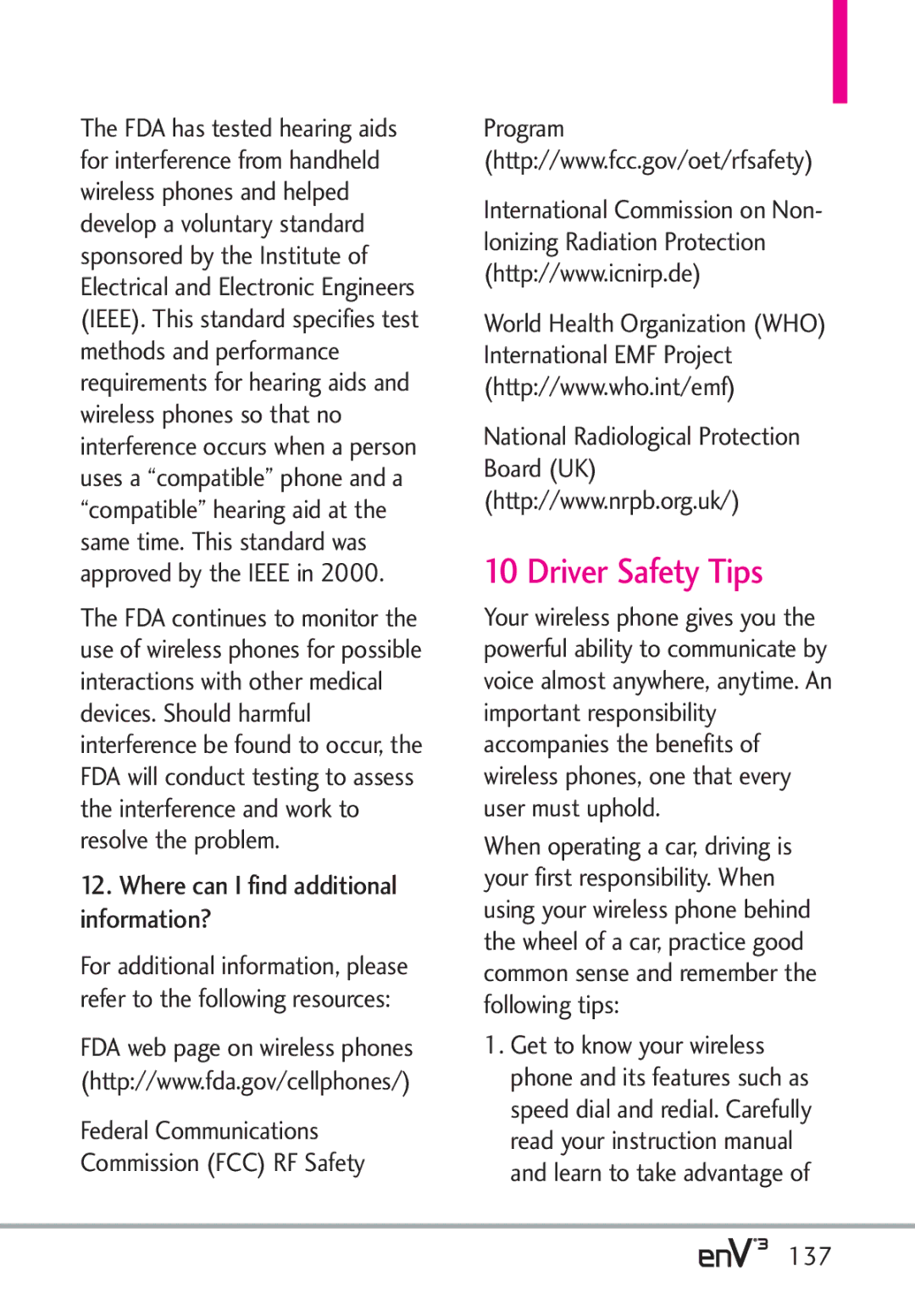 LG Electronics enV3, VX9200Maroon manual Driver Safety Tips, Where can I find additional information?, 137 