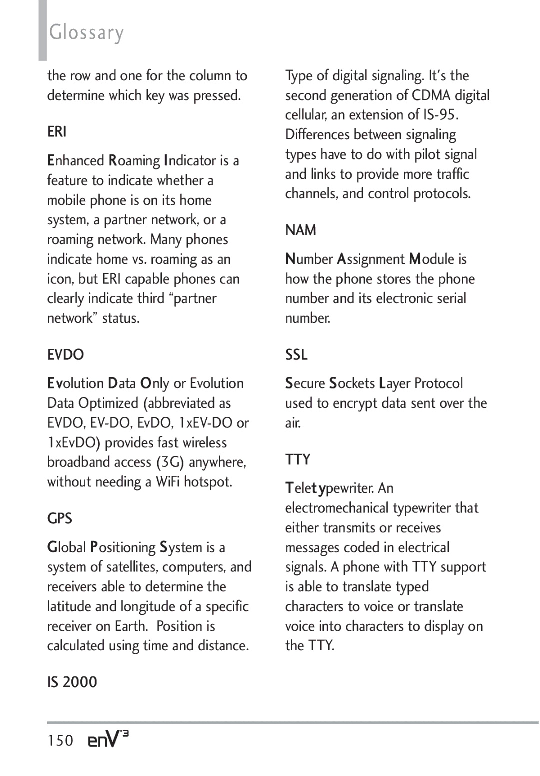 LG Electronics VX9200Maroon, enV3 manual Glossary, 150 