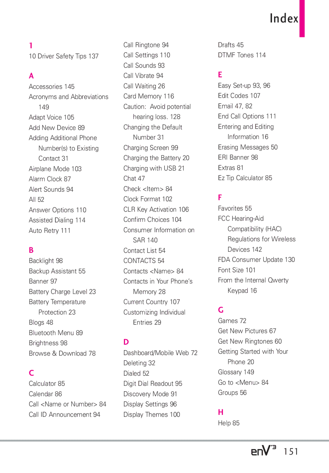 LG Electronics enV3, VX9200Maroon manual Index, 151 