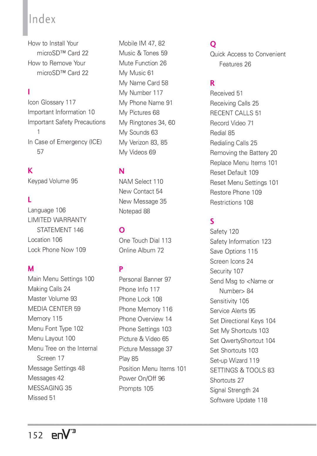 LG Electronics VX9200Maroon, enV3 manual Index, 152 