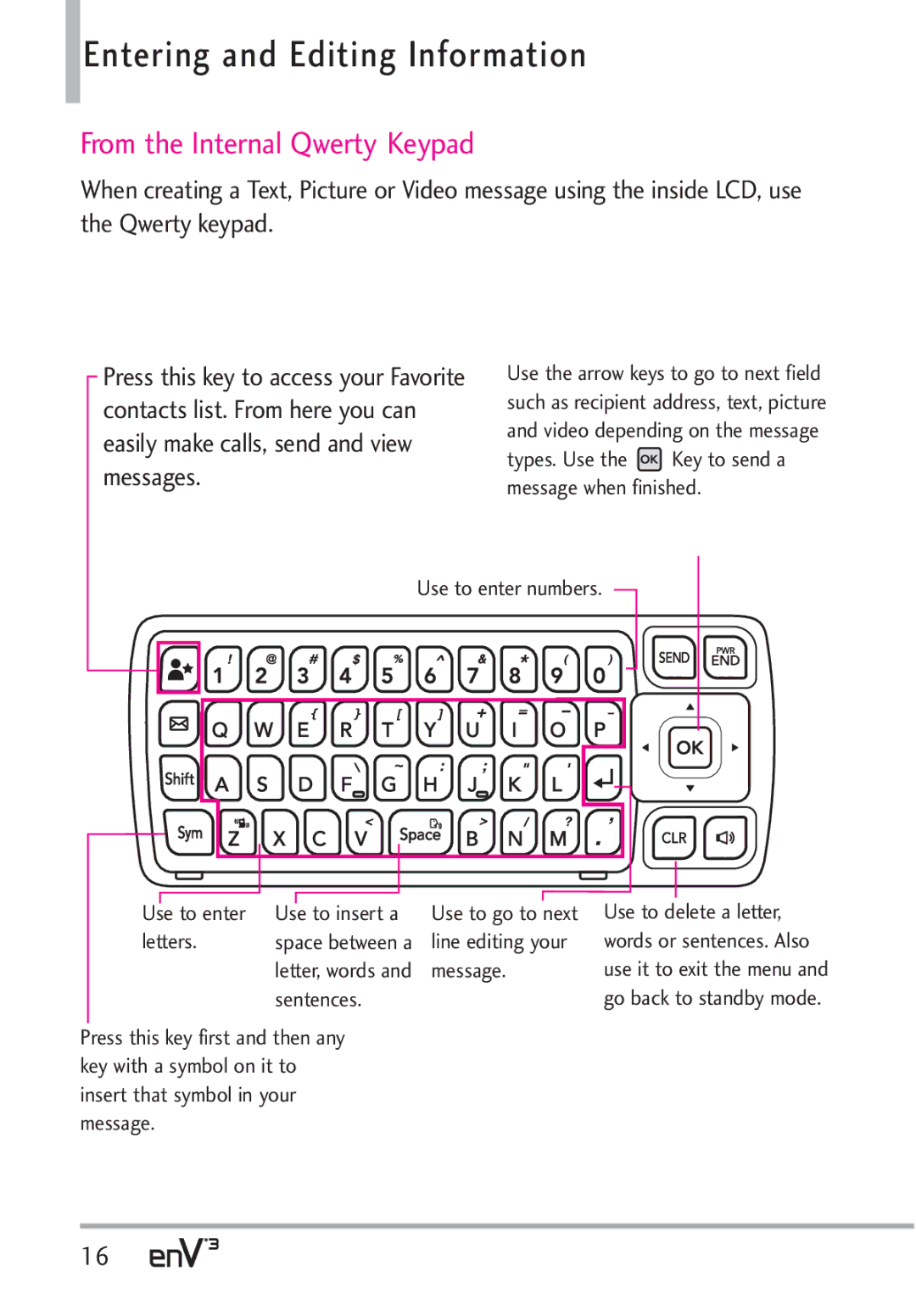 LG Electronics VX9200Maroon, enV3 manual Entering and Editing Information, From the Internal Qwerty Keypad 