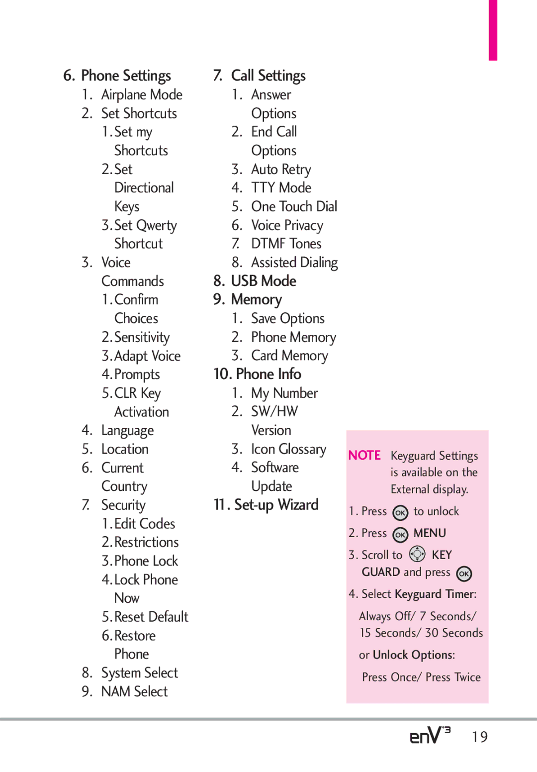 LG Electronics enV3, VX9200Maroon manual Call Settings, USB Mode, Memory, Phone Info 
