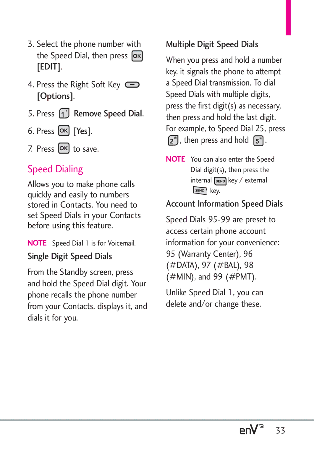 LG Electronics enV3 Speed Dialing, Single Digit Speed Dials, Multiple Digit Speed Dials, Account Information Speed Dials 