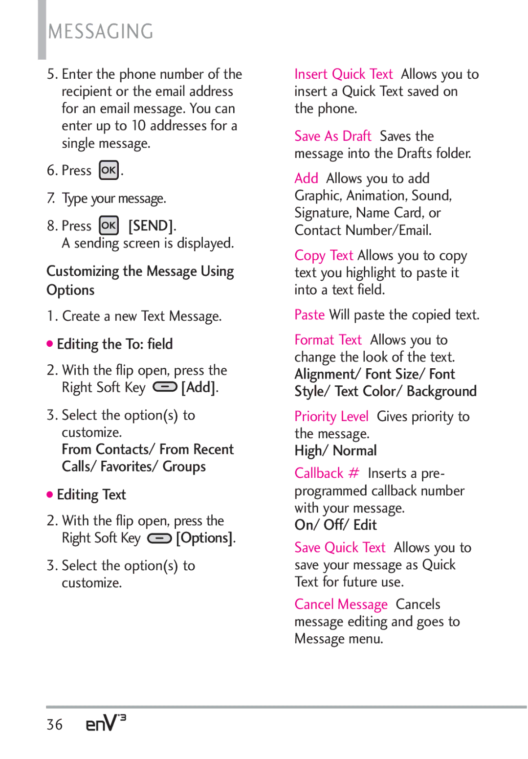 LG Electronics VX9200Maroon, enV3 Customizing the Message Using Options, Editing the To field, Editing Text, High/ Normal 