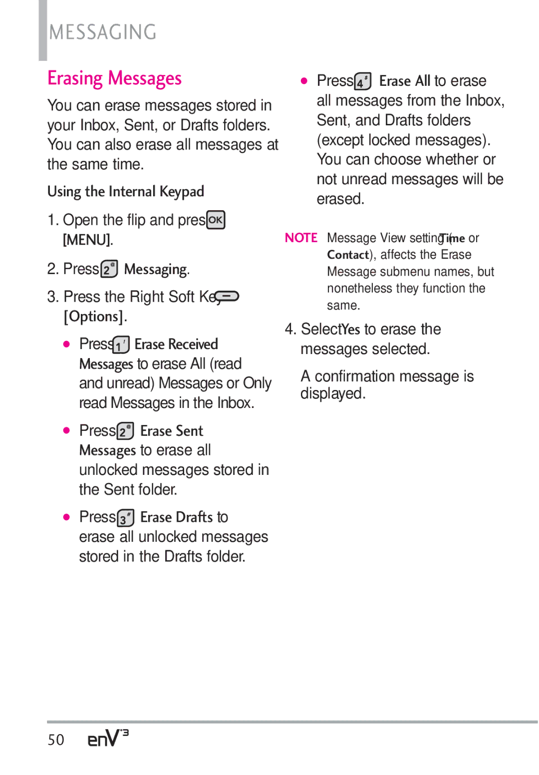 LG Electronics VX9200Maroon, enV3 manual Erasing Messages, Press the Right Soft Key Options 
