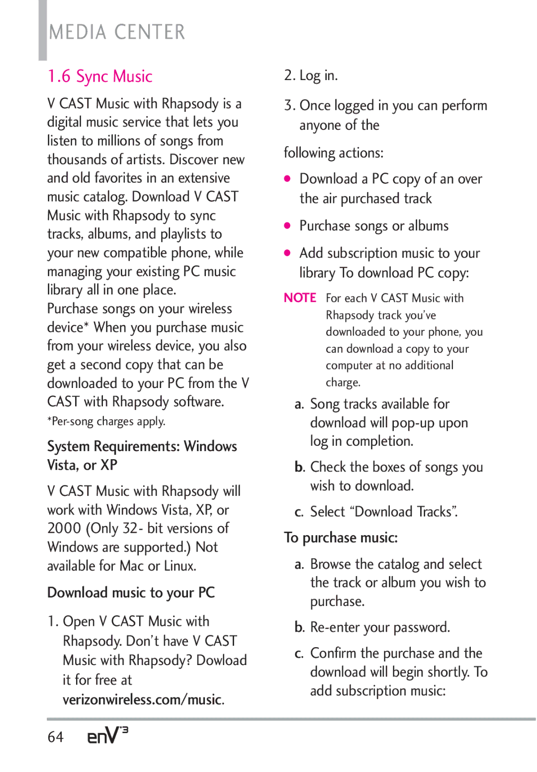 LG Electronics VX9200Maroon, enV3 manual Sync Music, System Requirements Windows Vista, or XP, Download music to your PC 