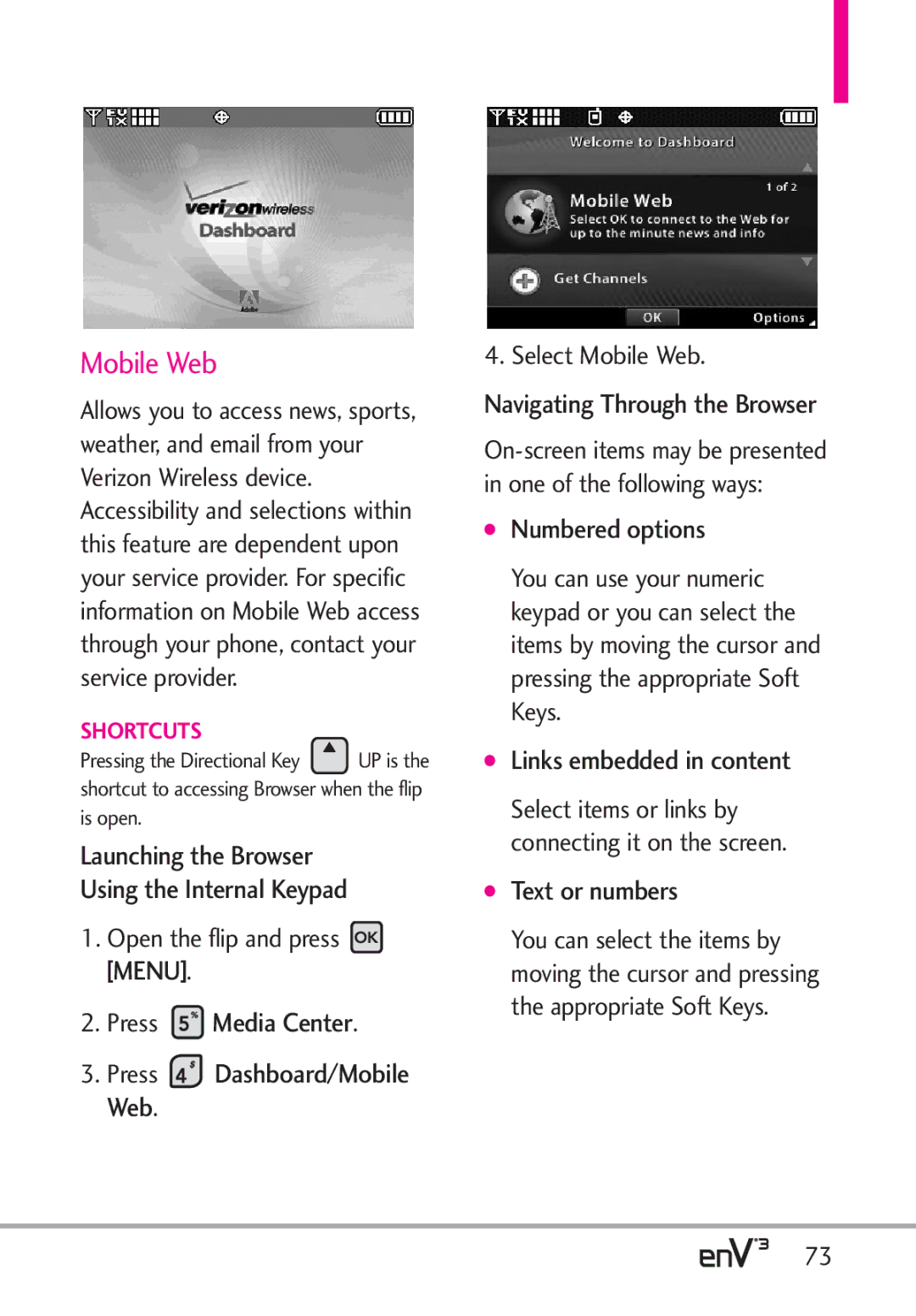 LG Electronics enV3, VX9200Maroon Mobile Web, Navigating Through the Browser, Numbered options, Links embedded in content 