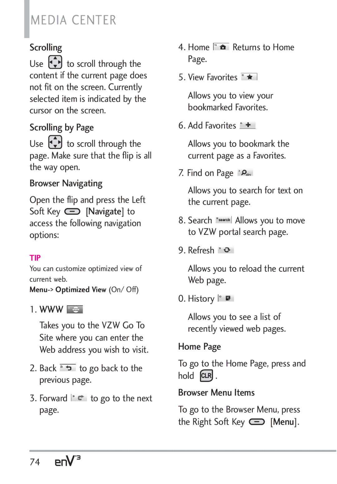 LG Electronics VX9200Maroon, enV3 manual Scrolling by, Browser Navigating, Www, Home, Browser Menu Items 