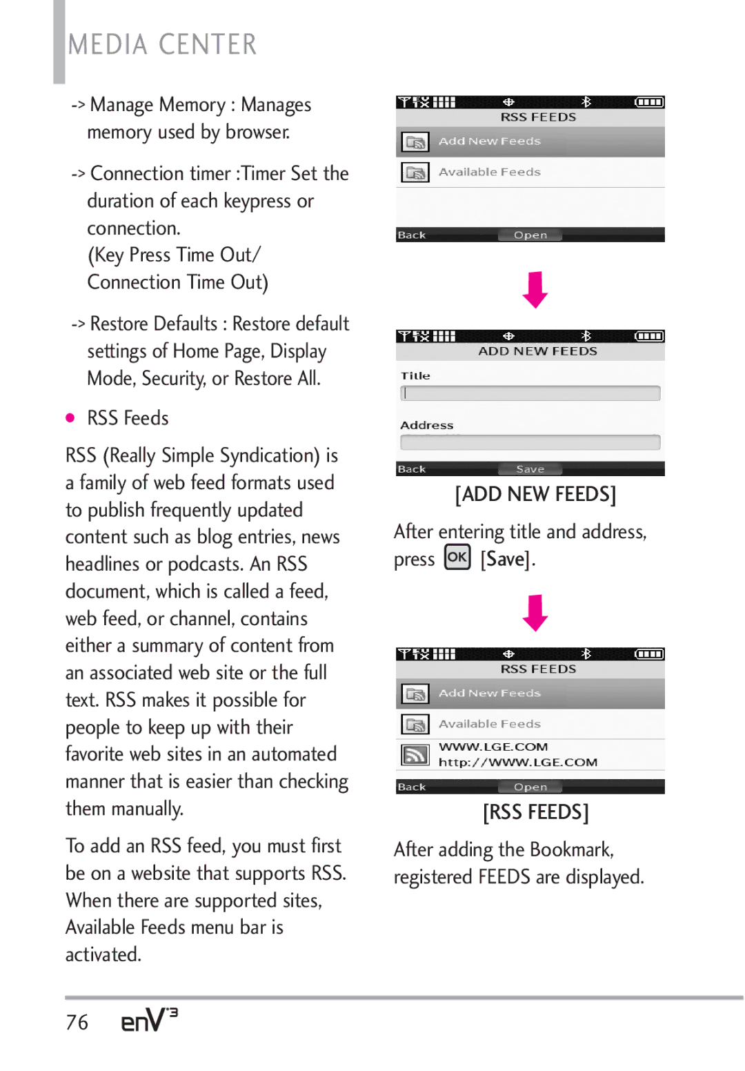 LG Electronics VX9200Maroon, enV3 manual RSS Feeds, After entering title and address, press Save 