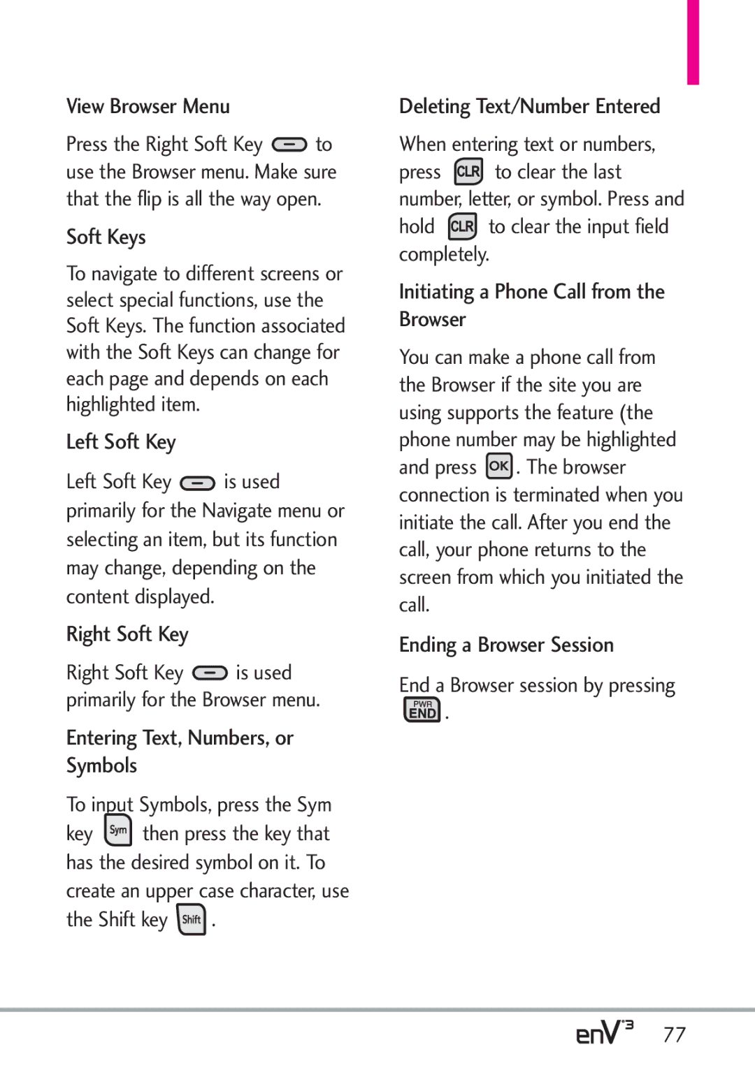 LG Electronics enV3 manual View Browser Menu, Soft Keys, Left Soft Key, Right Soft Key, Entering Text, Numbers, or Symbols 