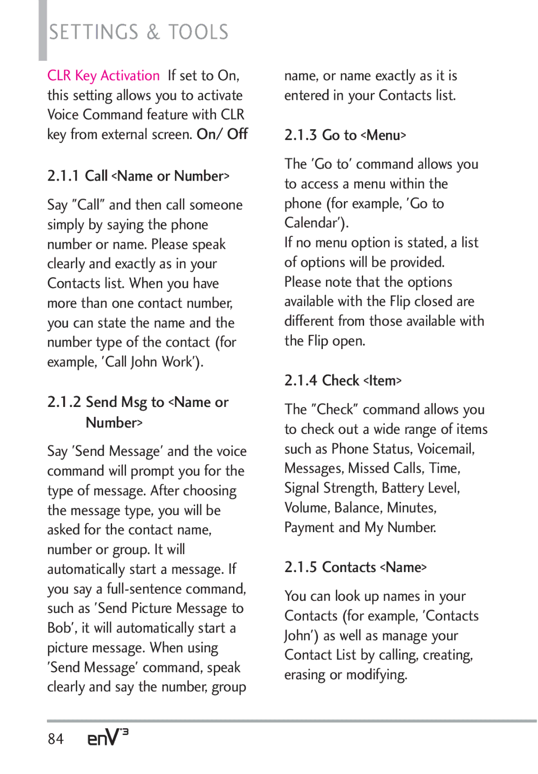 LG Electronics VX9200Maroon, enV3 Call Name or Number, Go to Menu, Check Item, Contacts Name, Send Msg to Name or Number 