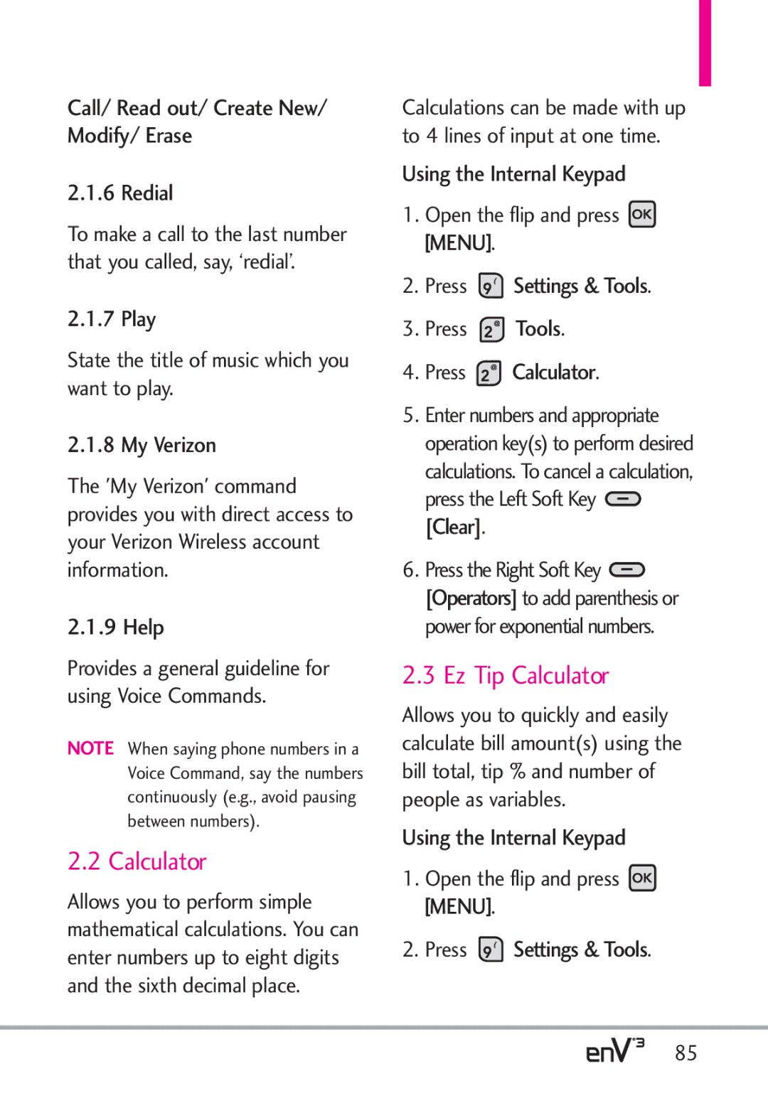 LG Electronics enV3, VX9200Maroon manual Ez Tip Calculator 