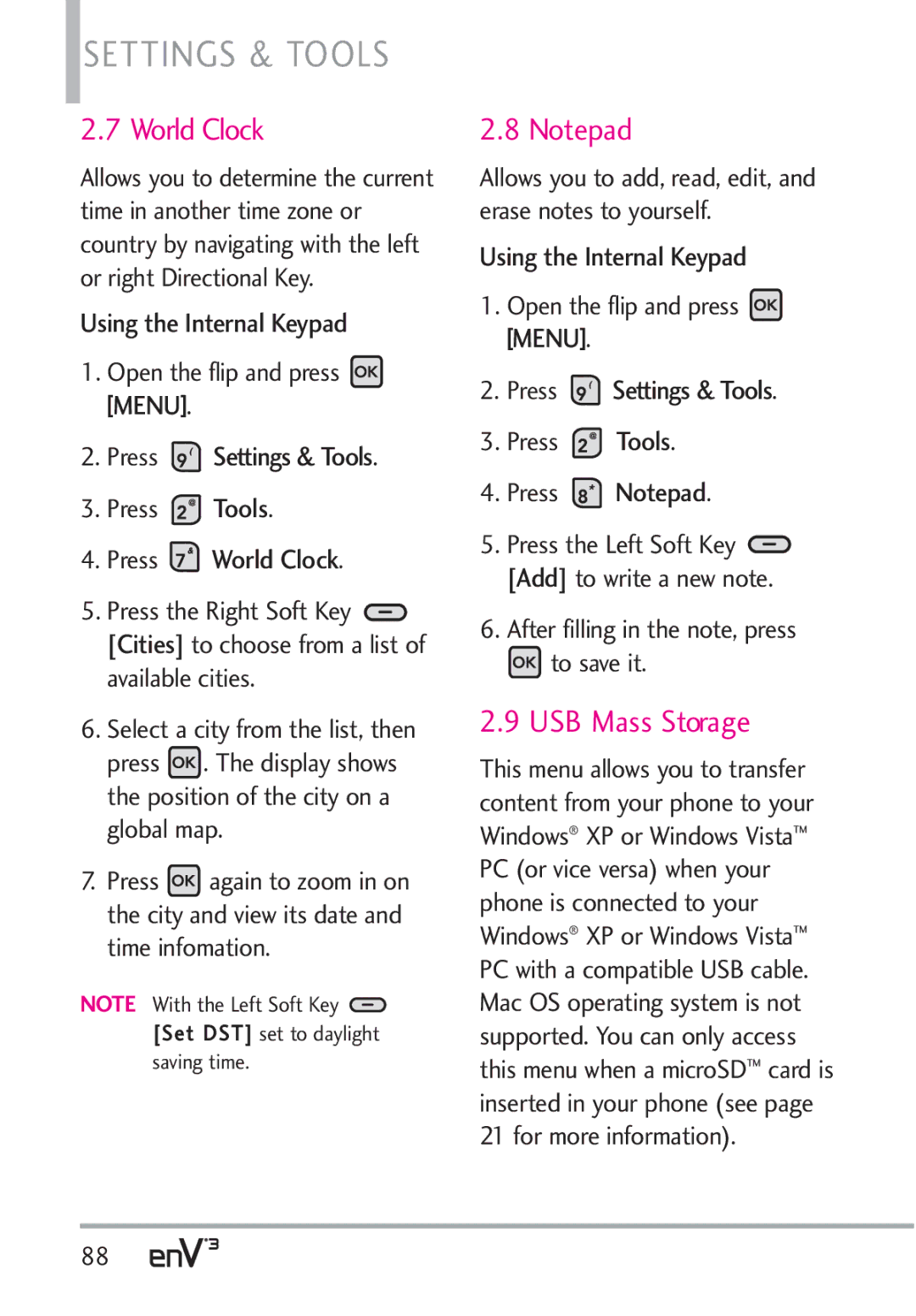 LG Electronics VX9200Maroon, enV3 manual USB Mass Storage, Press World Clock, Press Notepad 