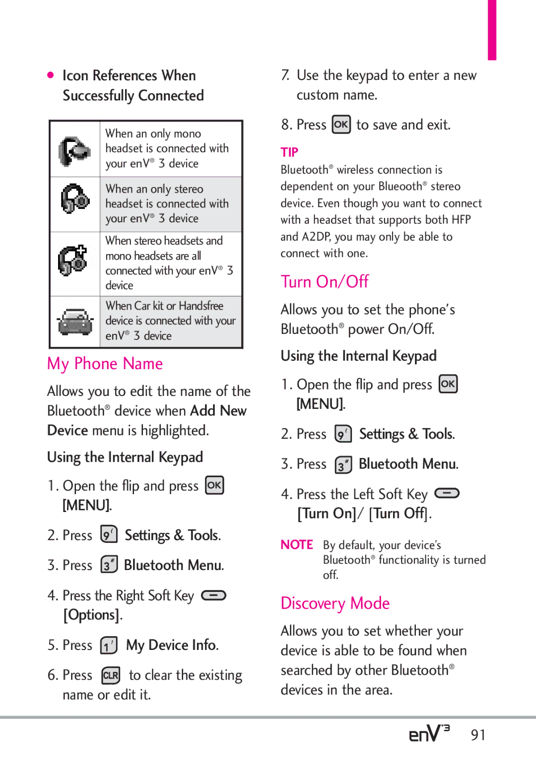 LG Electronics enV3, VX9200Maroon manual My Phone Name, Turn On/Off, Discovery Mode, Press My Device Info 