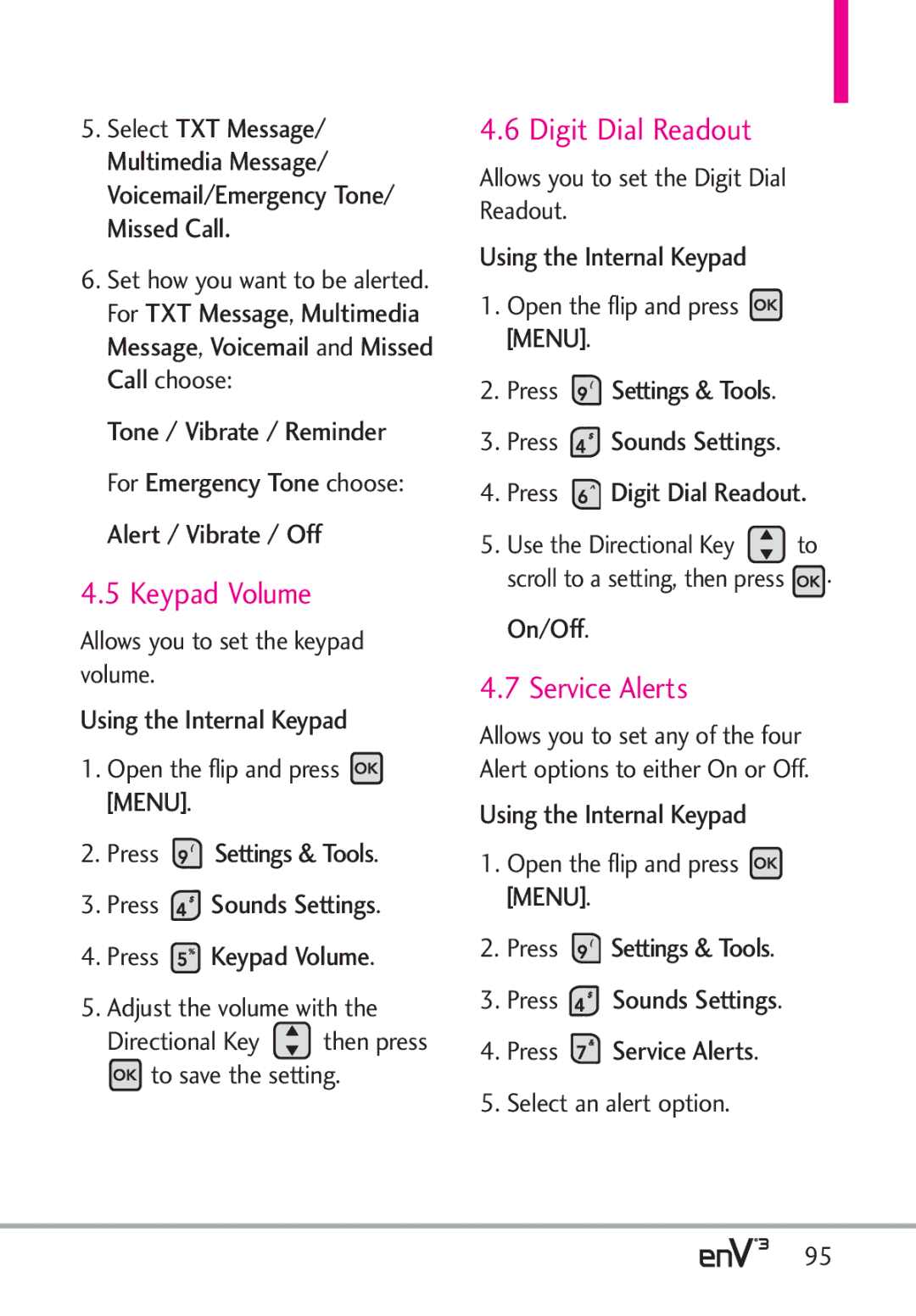 LG Electronics enV3, VX9200Maroon manual Keypad Volume, Digit Dial Readout, Service Alerts, On/Off 