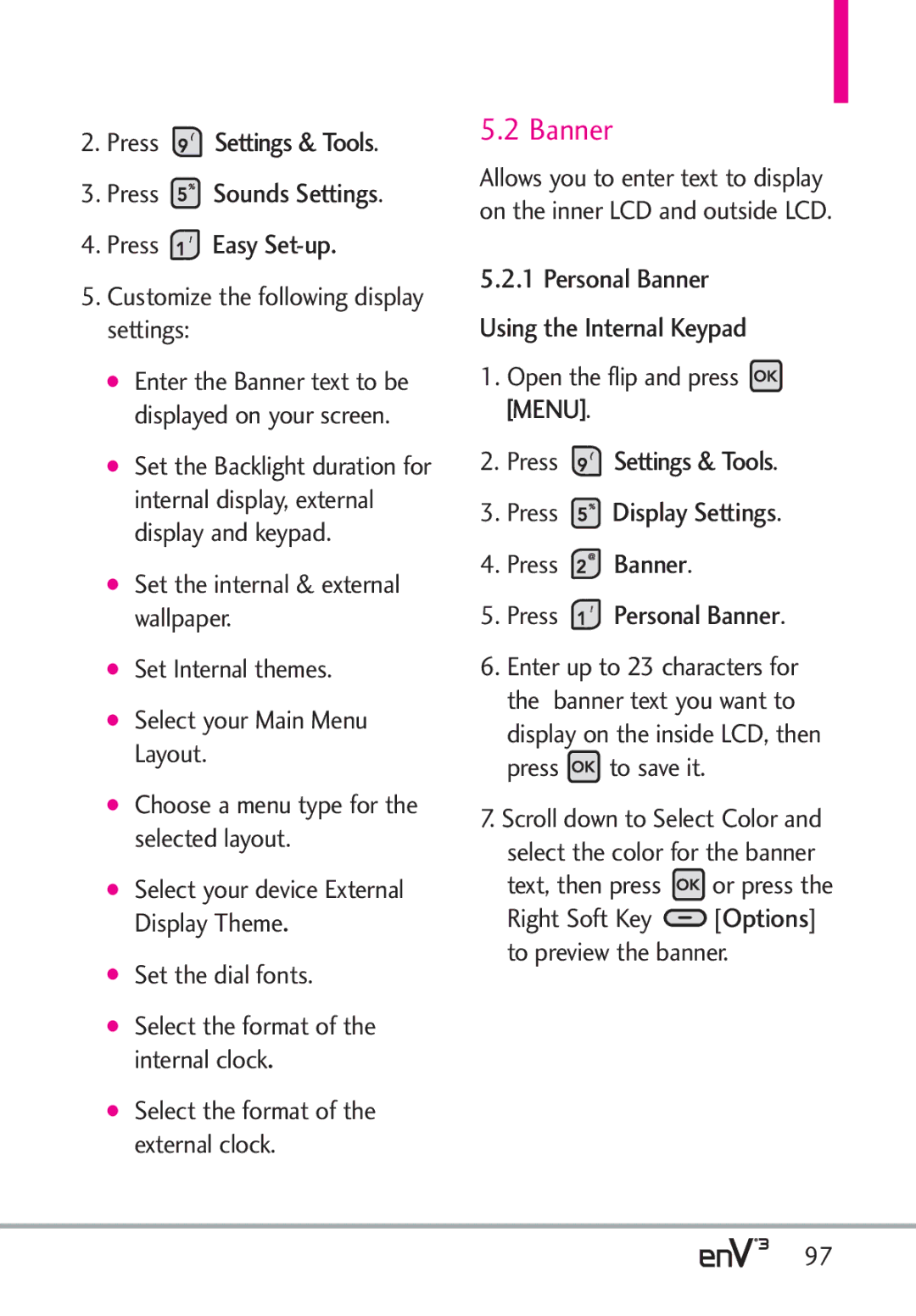 LG Electronics enV3, VX9200Maroon Press Settings & Tools Press Display Settings, Press Personal Banner, Press Banner 