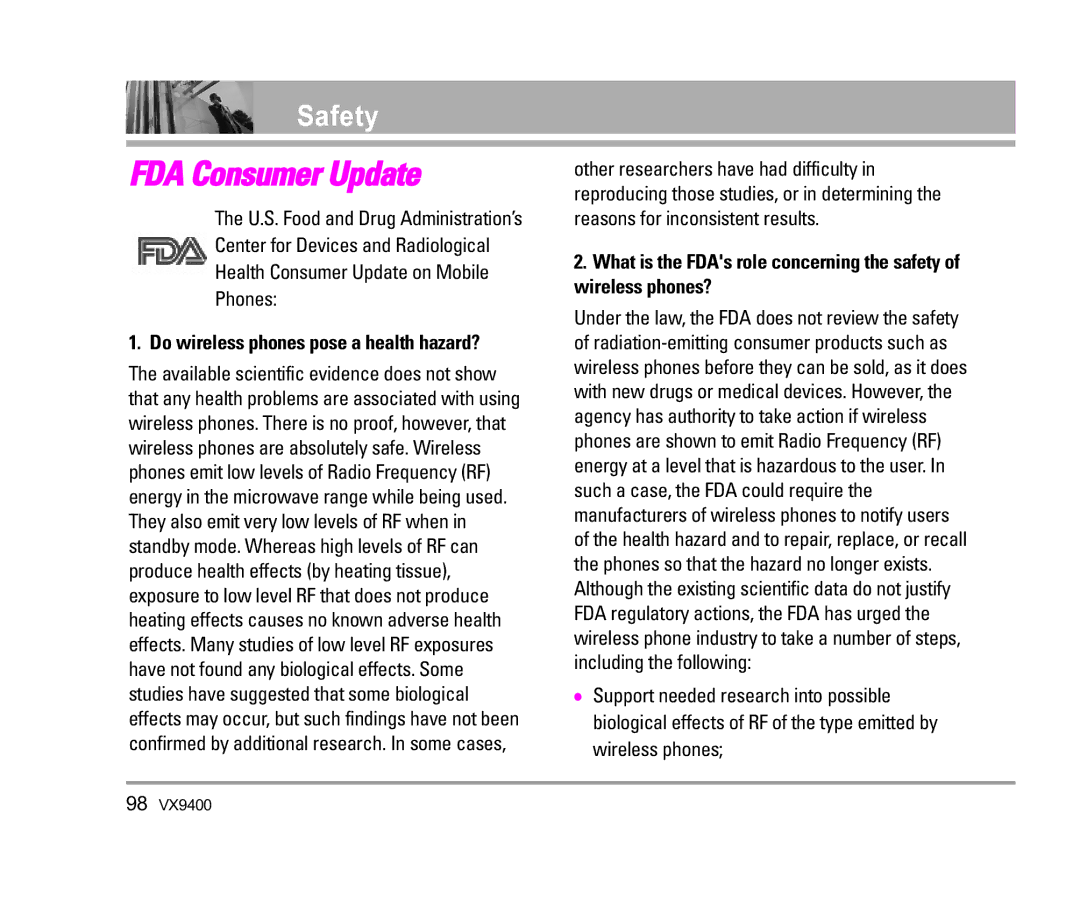 LG Electronics VX9400 manual FDA Consumer Update, Do wireless phones pose a health hazard? 