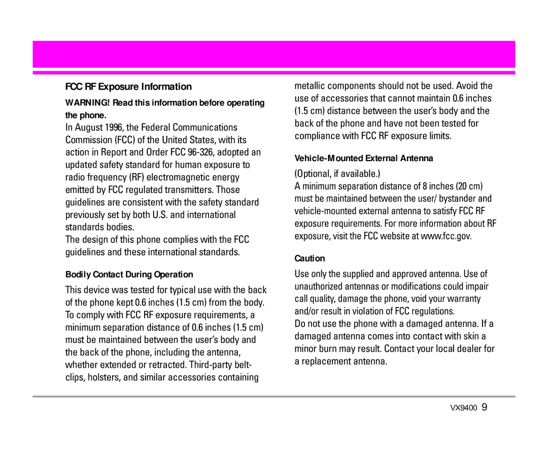 LG Electronics VX9400 manual Bodily Contact During Operation, Vehicle-Mounted External Antenna, Optional, if available 