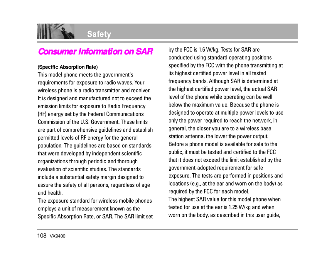 LG Electronics VX9400 manual Consumer Information on SAR, Specific Absorption Rate 