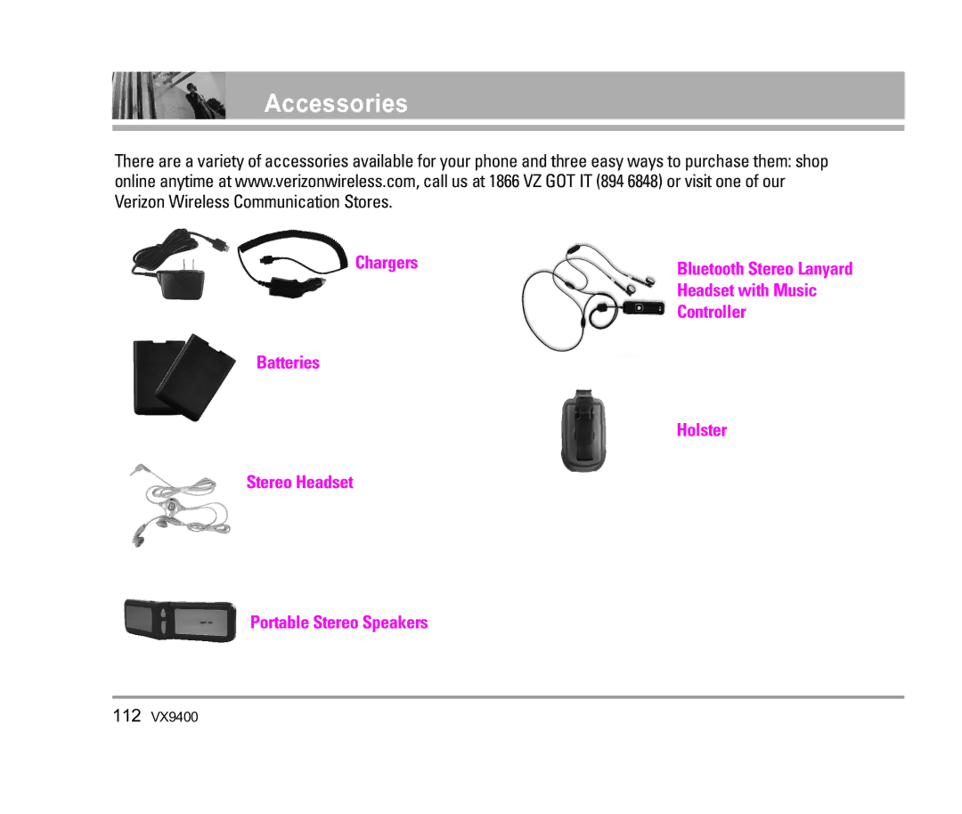 LG Electronics VX9400 manual Accessories 