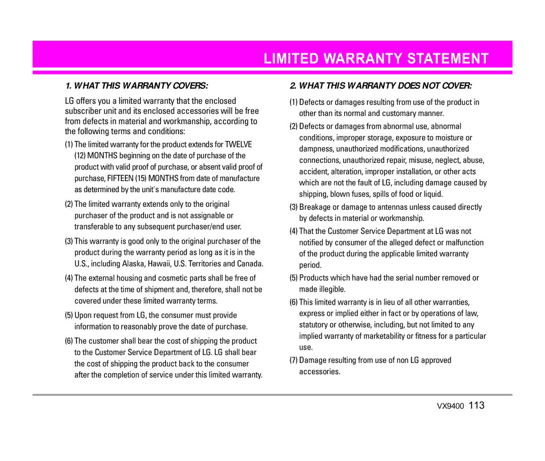 LG Electronics VX9400 manual Limited Warranty Statement 